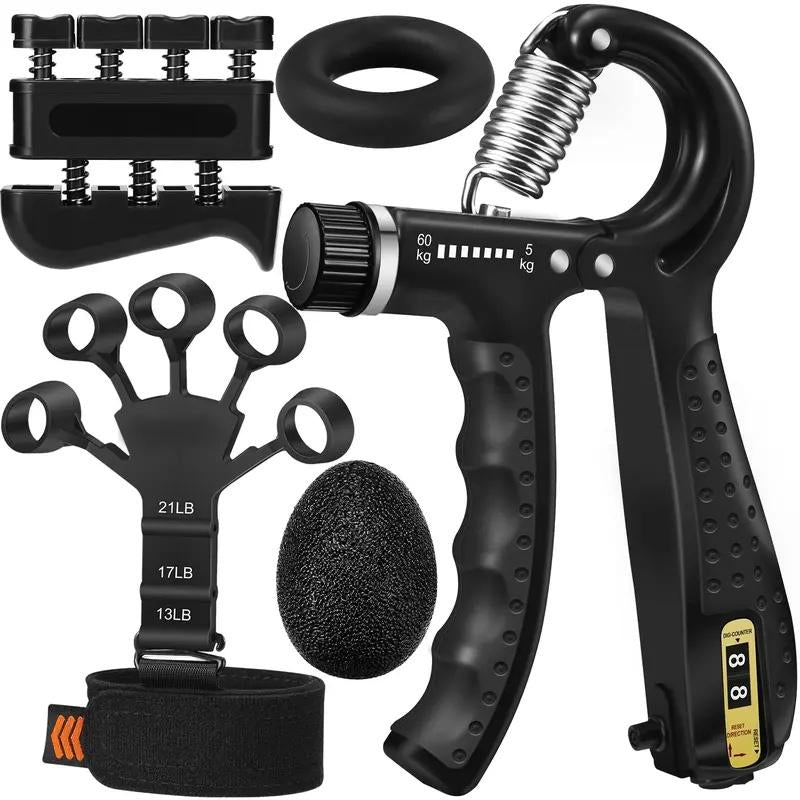 5 PCS Grip Strength Trainer Kit, Hand Gripper Strengthener, Forearm Strengthener, Finger Strengthener Adjustable Resistance Thigh Master Adjustable Hydraulic Chest Exerciser Adjustable Barbell Weight Set Standard Cast Iron Barbell Set