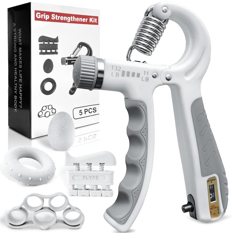 5 PCS Grip Strength Trainer Kit, Hand Gripper Strengthener, Forearm Strengthener, Finger Strengthener Adjustable Resistance Thigh Master Adjustable Hydraulic Chest Exerciser Adjustable Barbell Weight Set Standard Cast Iron Barbell Set