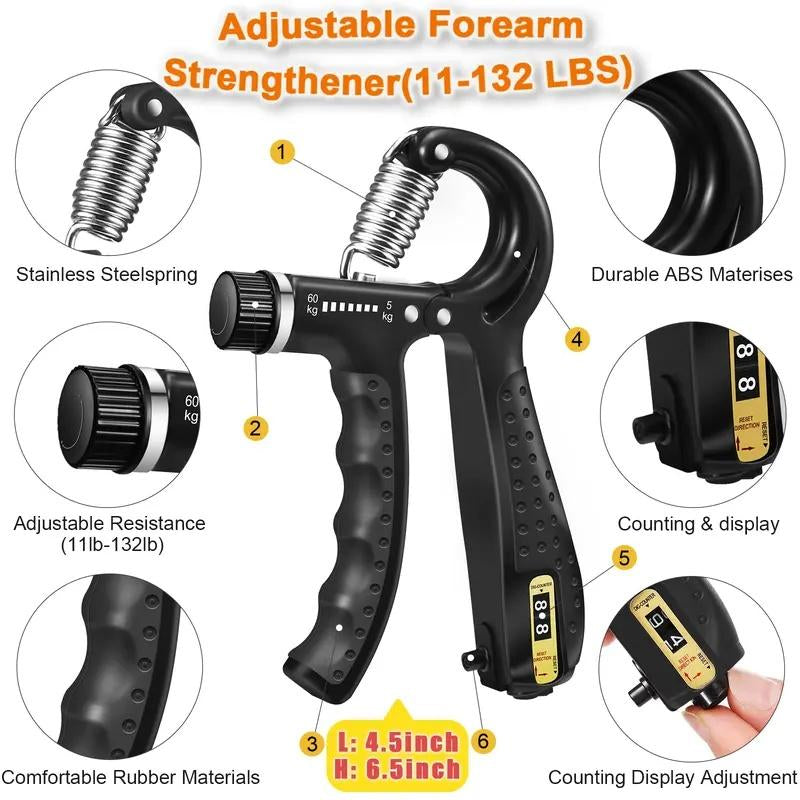 5 PCS Grip Strength Trainer Kit, Hand Gripper Strengthener, Forearm Strengthener, Finger Strengthener Adjustable Resistance Thigh Master Adjustable Hydraulic Chest Exerciser Adjustable Barbell Weight Set Standard Cast Iron Barbell Set