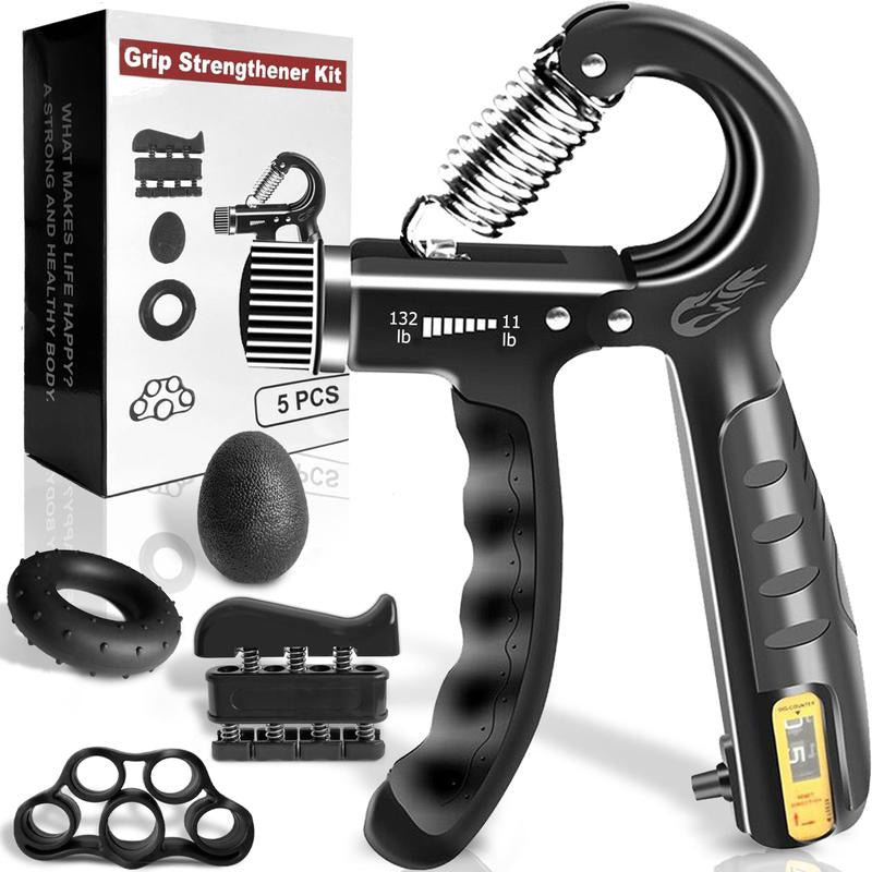 5 PCS Grip Strength Trainer Kit, Hand Gripper Strengthener, Forearm Strengthener, Finger Strengthener Adjustable Resistance Thigh Master Adjustable Hydraulic Chest Exerciser Adjustable Barbell Weight Set Standard Cast Iron Barbell Set